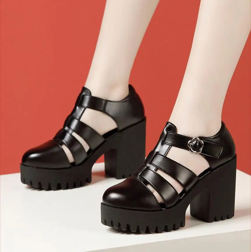 

Women white 8-10cm Samll Size 32-43 Genuine Leather Shoes Chunky Platform Sandals Block High Heels Sandals Office Model Mom