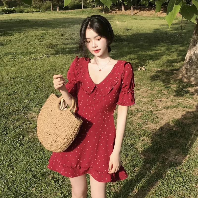 

Летнее платье больших размеров с цветочным принтом, юбка трапециевидной формы с высокой талией и животом, корейское красное платье для полных сестер, поездок на работу, ветер