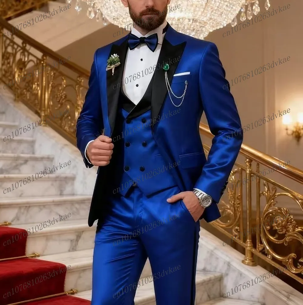 

Королевский синий ацетатный атласный мужской костюм для жениха, жениха, выпускного вечера, свадьбы, официального случая, мужские смокинги, комплект из 3 предметов, блейзер, жилет, брюки