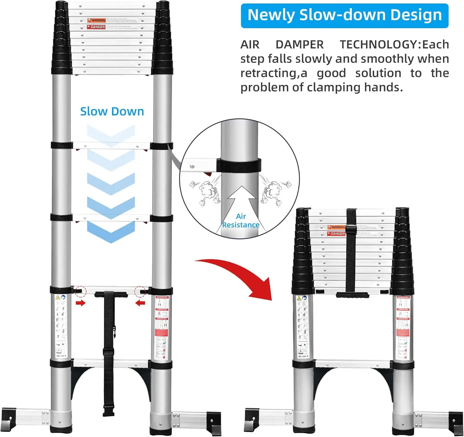 Retraction Telescoping Ladder, Aluminum Lightweight Extension Ladder w/Non-Slip Foldable Feet, Compact Collapsible Ladder for RV