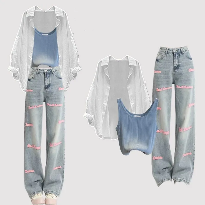 

2024 Summer New Korean Loose White Sunscreen Shirt+Vest+Letter Jeans 3 Piece Suit Women's Chic Casual Denim Pants Matching Set