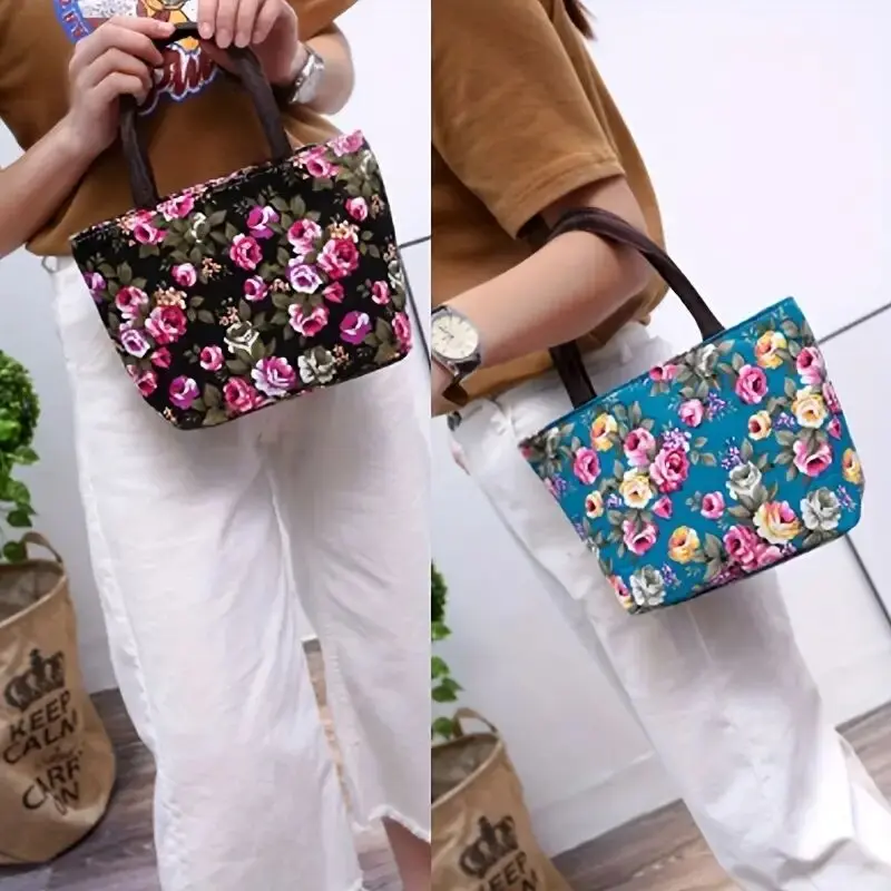 Mini Floral Print Handbag,Flower Embroidery Canvas Tote Bag, Ethnic Style Shoulder Bag, Large Capacity Handbag For Women