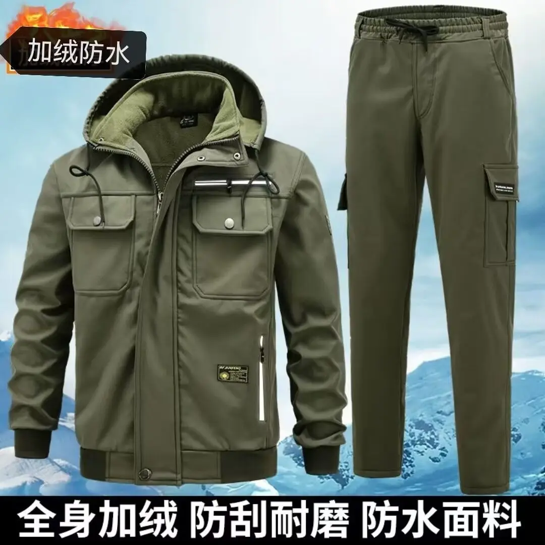 Winter Men's Workwear Hooded Jacket Suit Thick Plush Men's Outdoor Windproof Coat Multiple Pockets Waterproof Windbreaker