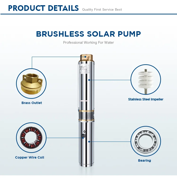 고성능 4인치 태양광 수중 펌프 56미터 헤드 48v DC 수중 태양광 펌프