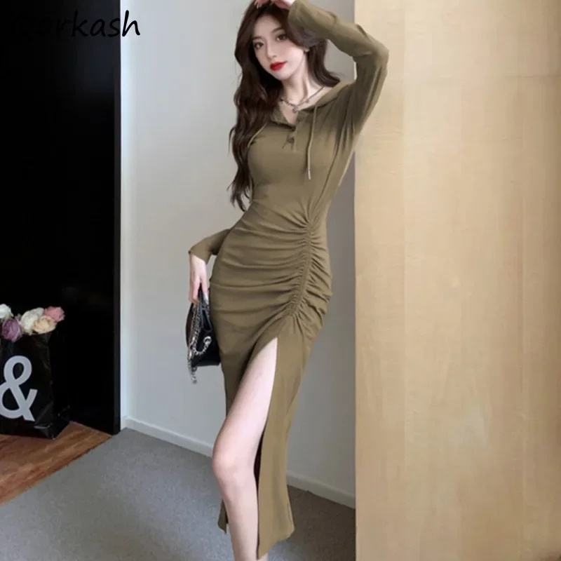 Sheath Dresses for Women Long Sleeve Hooded Niche Side-slit Underwear Autumn Winter Sexy Skinny Minimalist Solid High Street