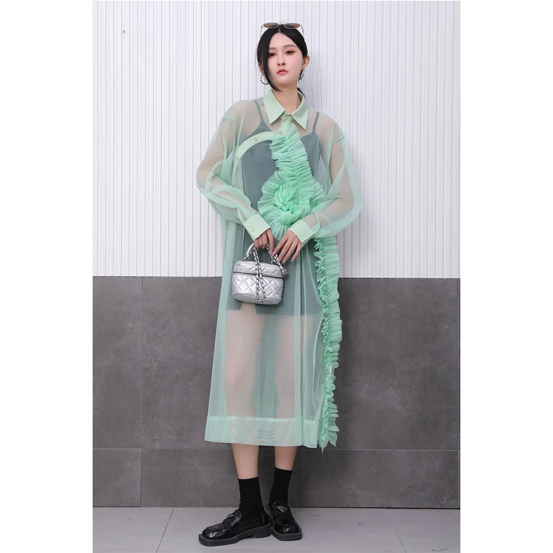 2025 Spring New Mesh Perspective Dress Three Dimesioal Flower Loose Long Shirt Outfit For Women Outerwear & Coats Basic Jackets