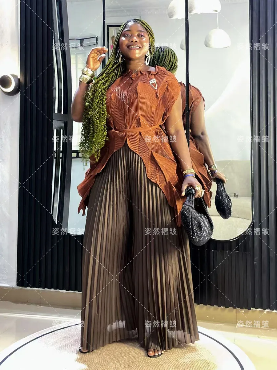 

Plus Size Two Piece Outfits For Chubby Women Miyake Chiffon Pleated Top And Casual Wide Leg Pants Fashion Set Office Lady Female