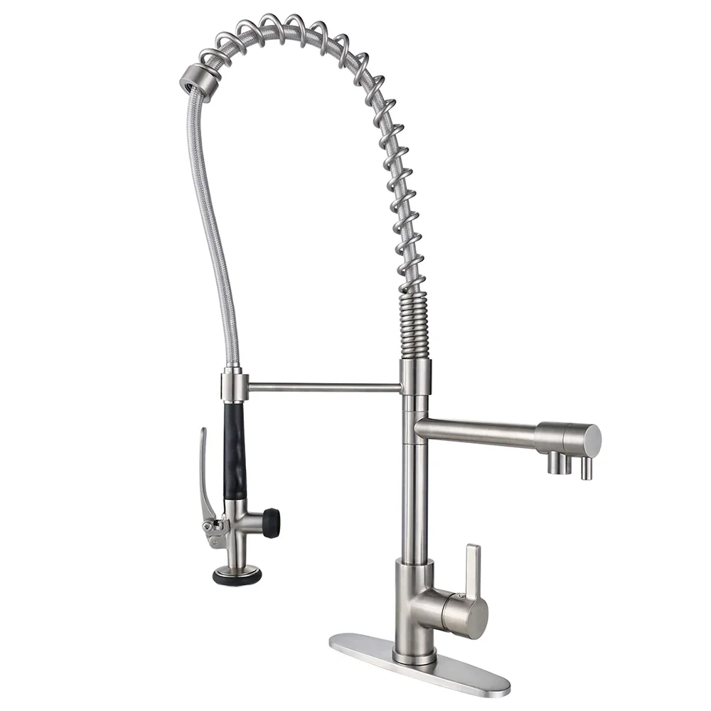 

Commercial Kitchen Faucet with Pre-Rinse Sprayer, Solid Brass Restaurant Faucet 1 or 3 Hole Spring Kitchen Faucet