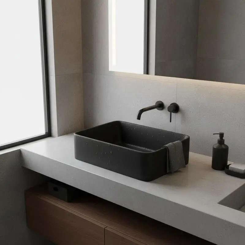 Lavabo surélevé rectangulaire de luxe noir mat en céramique sanitaire (41×30×12cm), surface mate facile d'entretien avec trou de vidange Ø4,5cm. Design moderne pour toutes les salles de bain, robinetterie et drainages vendus séparément.