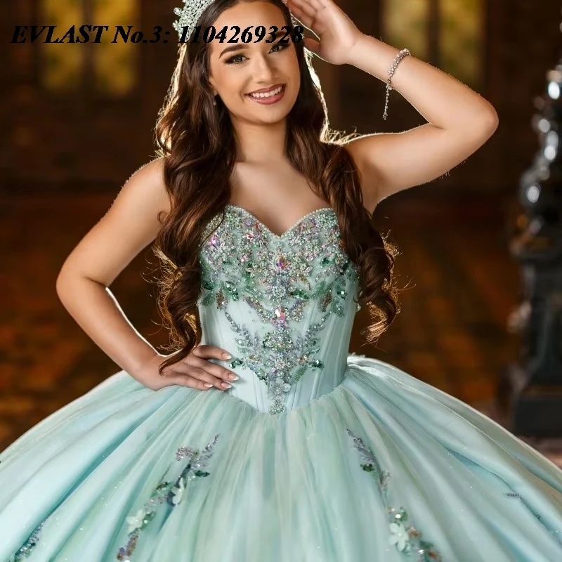 EVLAST Customized Shiny Turquoise Quinceanera Dress Applique Sequins Beading Corset Sweet 16 Dress Vestidos 15 De XV Años E3Q893