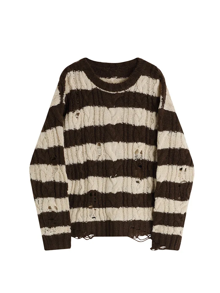 Black And White Striped Gothic Sweaters Women Ripped Holes Loose Knitted Pullover Frayed Fairy Grunge Jumpers Streetwear 2022