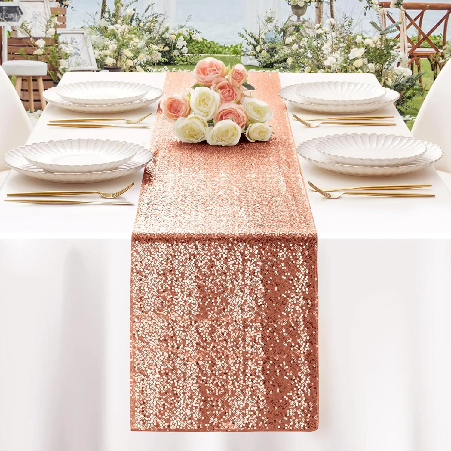 

Table Runner Solid Color Hotel Wedding Table Decor Polyester Beaded Rose Gold Sequin Table Flag Birthday Party Holiday Decor