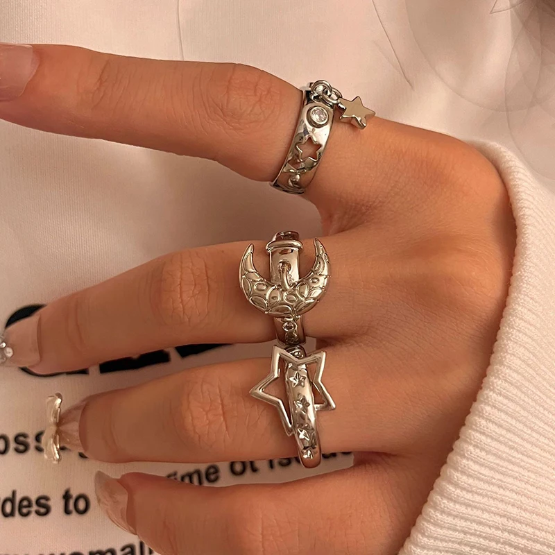 Y2K Style Crystal Pentagonal Star Ring for Women Romantic Moon Hollowed Out Star Personality Metal Finger Rings Fashion Jewelry