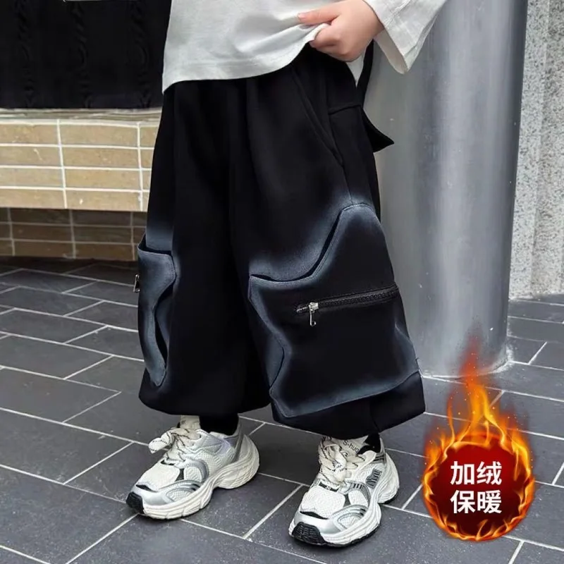 

Boys' Fleece Pants 2025 Autumn and Winter New Children's Casual Trousers Boys Fried Street Ruffian Handsome Big Pocket Pants