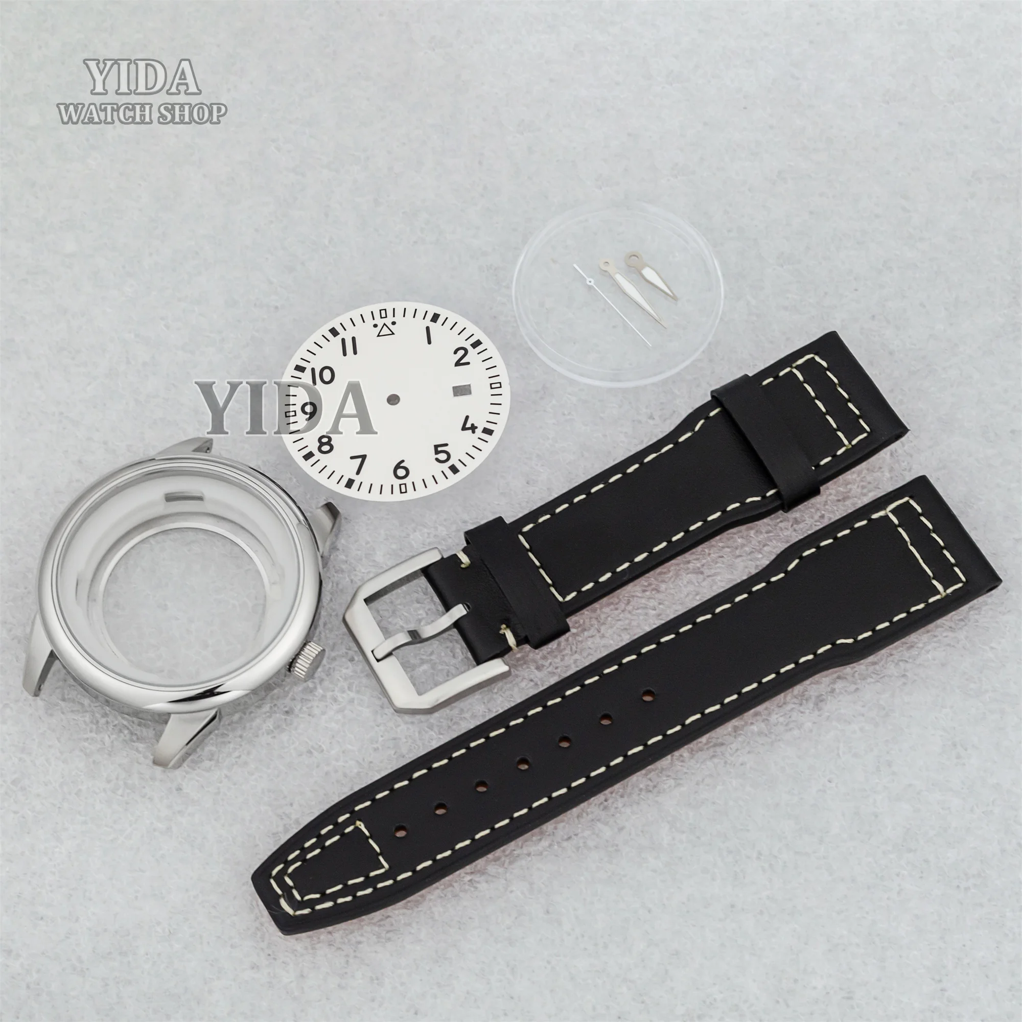 42.7mm NH35 Watch Case Genuine Leather Watch Band Luminous Dial Hands Stainless Steel for Mark XX NH35 NH36 Movement Replacement