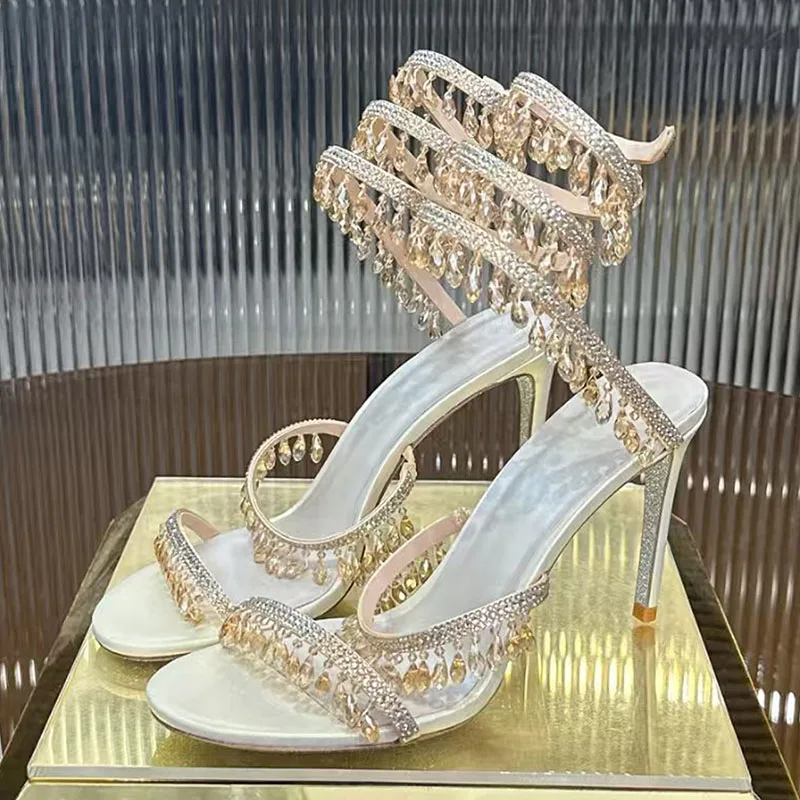 Bling Crystal Pendant High Heels Sandals Woman Summer Sexy Serpentine Ankle Strap Runway Shoes Stiletto Gladiator Sandals Women
