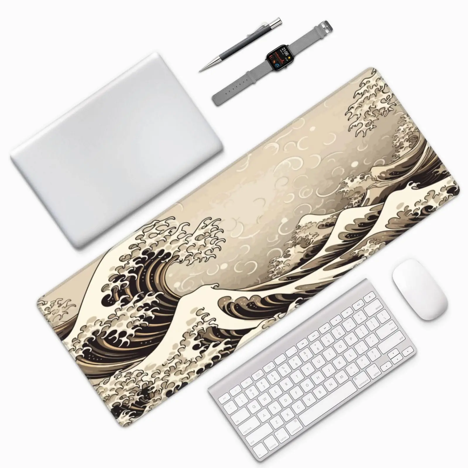 Golden Color Japan Japanese Kanagawa Sea Wave Gaming Mouse Pad XL Extended Large Keyboard Non-Slip Rubber Base for Home Office