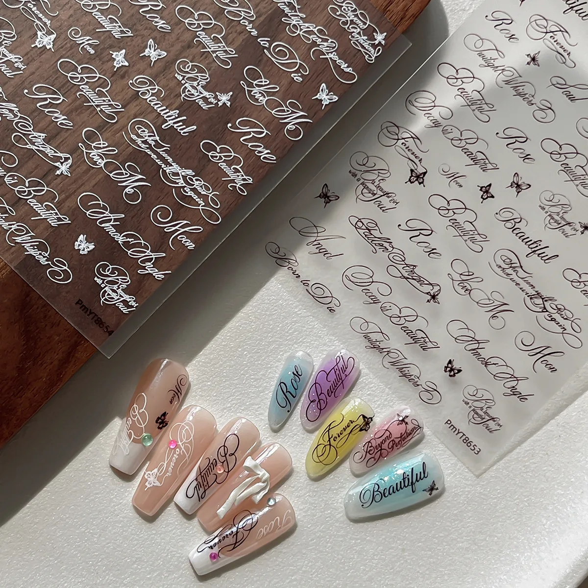 2Pcs Self-adhesive Letters Nail Stickers Metal Silver Gothic Butterfly Black White English Words Number 3D Nail Decals Decoratio