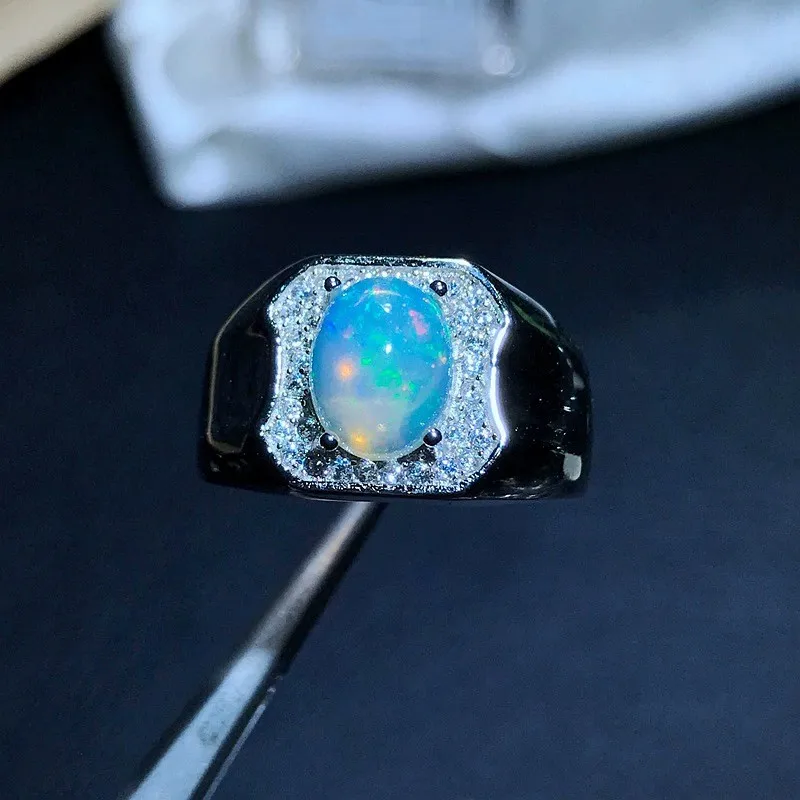 Sterling Silver Ring for Man 8mm*10mm Natural Australia Opal Man Ring 18K Gold Plating 925 Silver Gemstone Jewelry