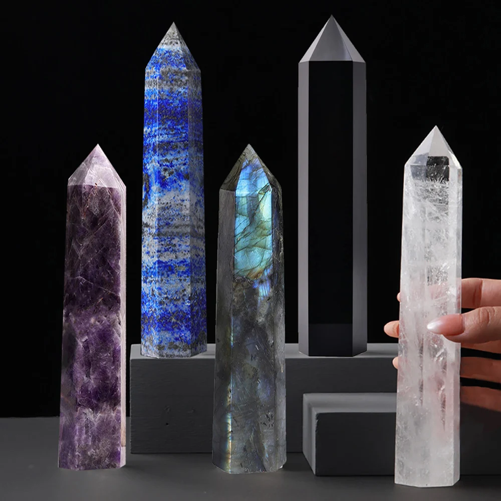 Varitas puntiagudas de piedras y cristales naturales genuinos para brujería, prisma Hexagonal, artesanía de obelisco, obras de arte de piedra Mineral de fluorita