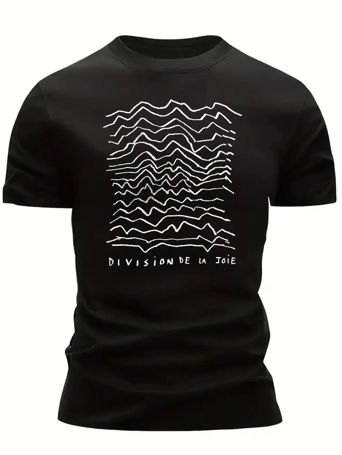 T-shirt imprimé lignes ondulées artistiques pour hommes, haut décontracté vintage à manches courtes avec le slogan français DIVISION DE LA JOIE