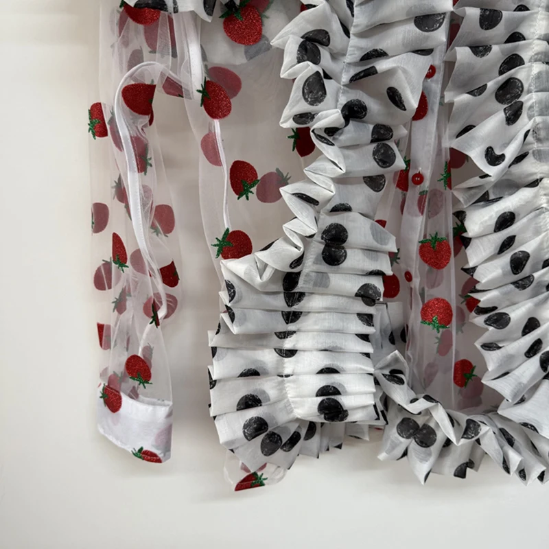 PFHQ Men Shirts Sheer Strawberry Print Mesh Polka Dot Ruffle Patchwork Design Single-breasted Long Sleeve Male Shirt 21E6885