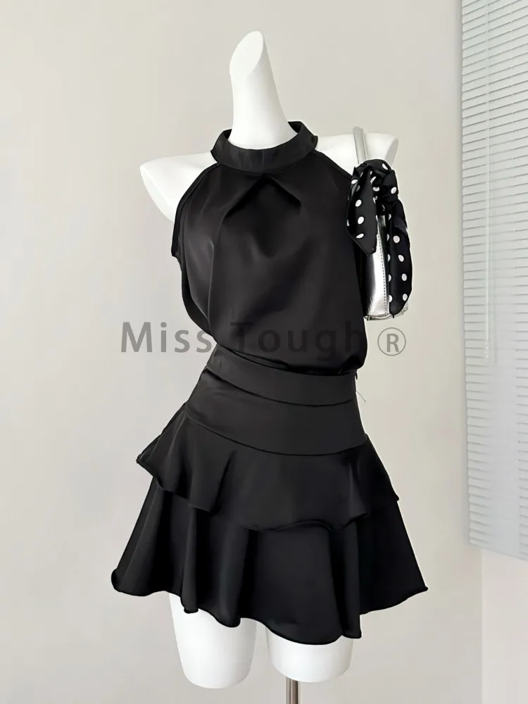 Y2k Black Skirt 2 Piece Set Women Korean Fashion Crop Blouse Ruffles Pleated Mini Skirt Suit Female Clothing Summer Streetwear