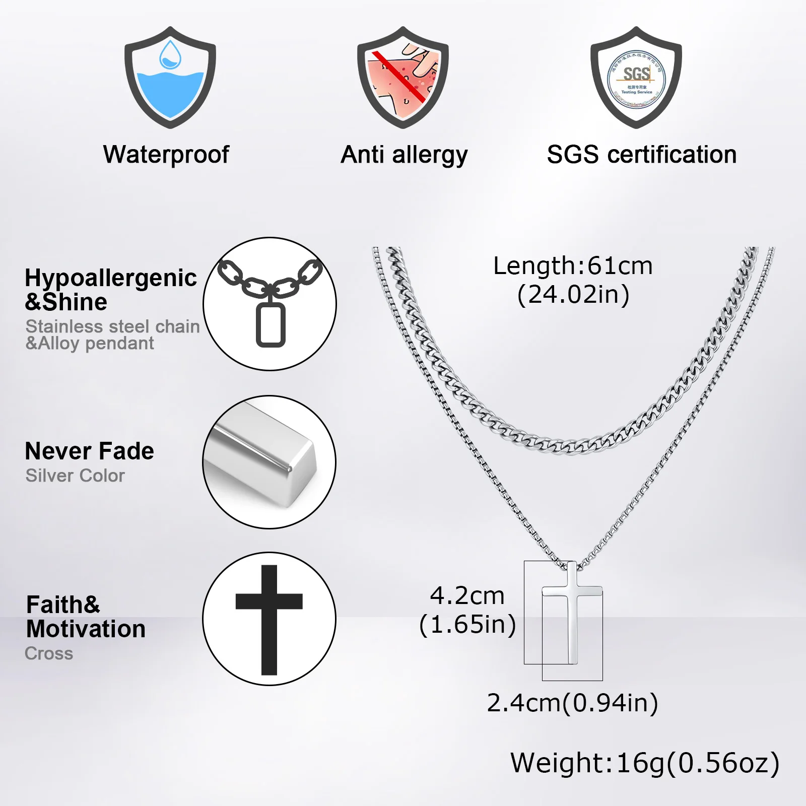 Vnox Mehrschichtige Kreuz-Halskette, Edelstahl-Mehrfachketten-Halsketten mit gedrehtem Panzerketten-Anhänger, Hip-Hop-Schmuck mit religiösem Motiv für Männer. – Detail 6