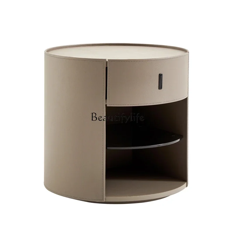 

FG40Italian Style Light Luxury round Saddle Leather Bedside Table High-End Designer Style Bedroom Bedside Cabinet