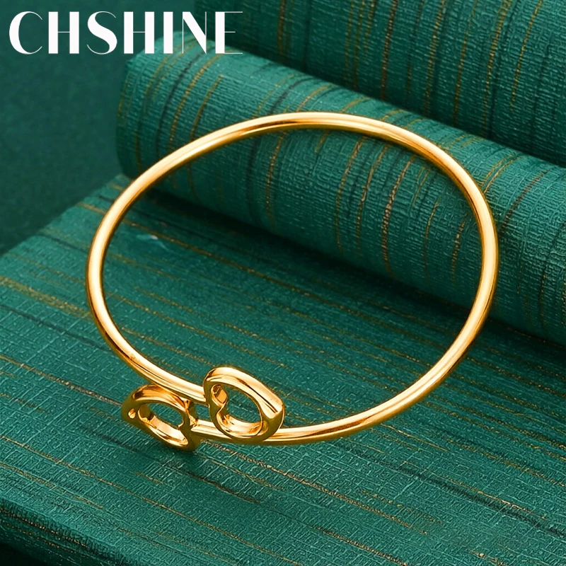 925 Sterling Silver 18K Gold Double Heart Open Bangle For Women Wedding Party Fashion Charm Jewelry