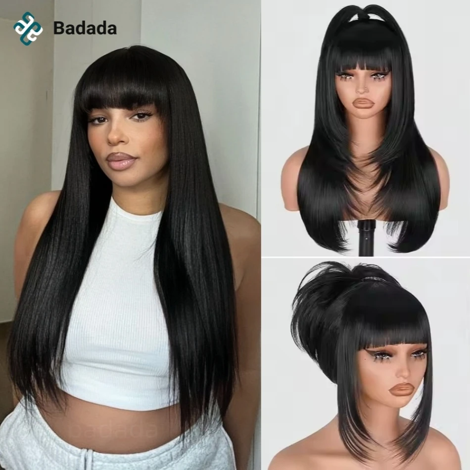 

3X1 Middle Part Lace Wig Bone Straight Human Hair Wigs With Bangs Brazilian Full Machine Made 100% Human Hair Wigs For Women