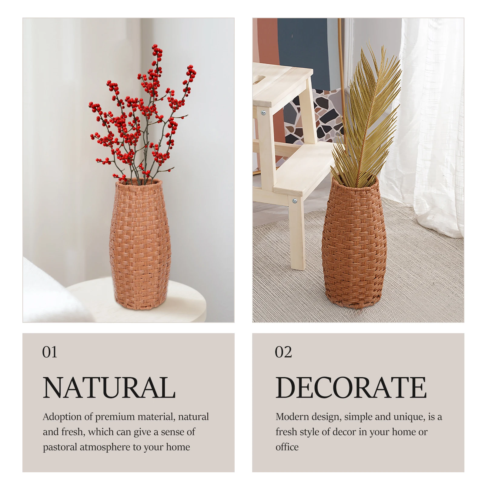 

Brown Retro Flower Arrangement Vase Woven Rattan Home Office Decorative Vase Simple Style Desktop Pot Table Centerpiece Dried