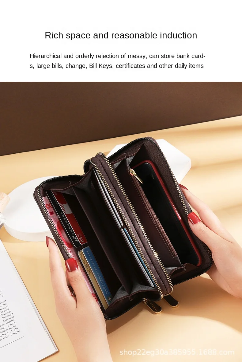 Damen-Geldbörse Lang mit Großer Kapazität, Münzfach und Doppelreißverschluss, Multifunktionale Clutch-Tasche für Mobiltelefone und Münzen – Detail 2