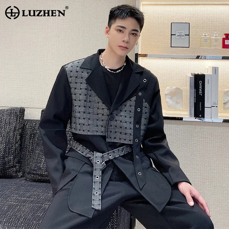 

LUZHEN Asymmetric Splicing Design Fake Two Piece Personality Trendy Suit Jackets Original Men Spring New Stylish Blazers LZ2544