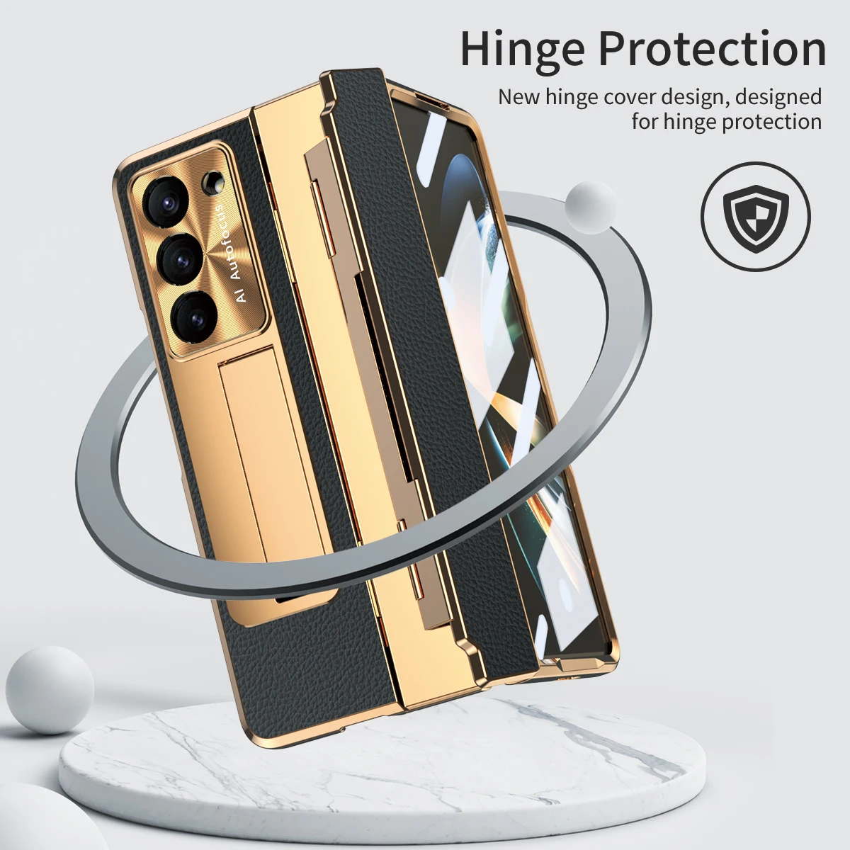 For Samsung Galaxy Z Fold 5 Z Fold 4 Z Fold 3 5G Case with Screen Protector Luxury Leather One-Piece Plating Stand Cover Gold