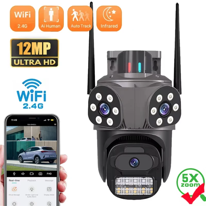 

12-мегапиксельная камера с тремя объективами и тремя экранами PTZ Wi-Fi, уличная HD 2,4G Wi-Fi камера безопасности, Ai, камера обнаружения человека, домашняя камера наблюдения