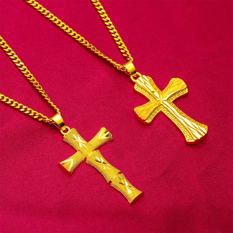 

9999 24K Real Gold Classic Men's Domineering Cross Necklace Men's and Women's Chain Cross Pendant