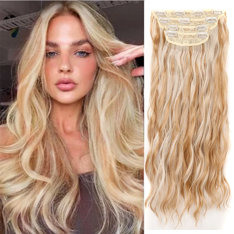 

24inch Long Wavy Clip in Hair Extension Synthetic Natural Wavy Thick Hairpieces for Women 4pcs/set Ombre Blonde Fibre Fake Hair