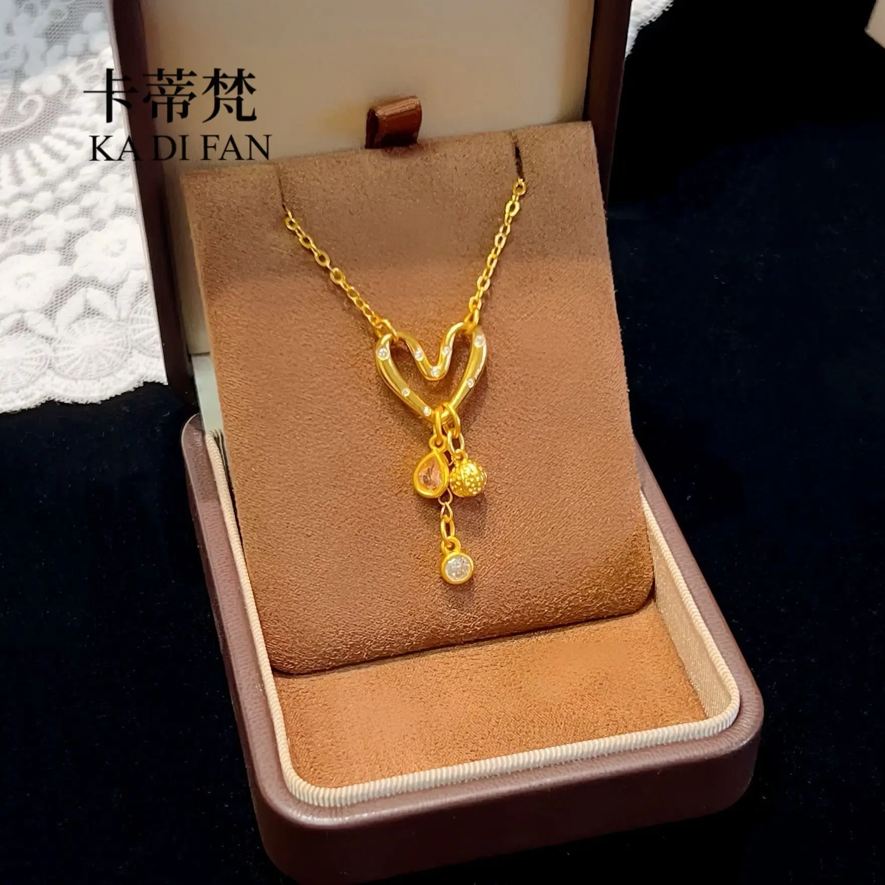 

Luxury women's jewelry 9999 24K real gold dot drill water drop tassel love necklace for women design sense collarbone chain