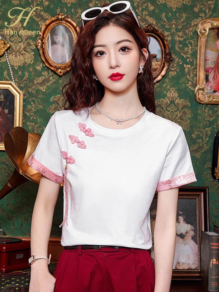 H Han Queen 2024 Summer Tops Simple Office Short Sleeve Blouse Female T-Shirts Casual Korean OL Loose Blouses Women\'s Clothing