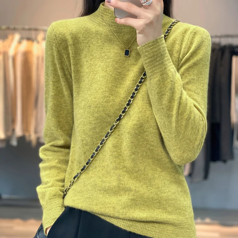 High Grade Knitwear Solid Color Women's Autumn Winter New Style Half High Collar Pullover Long Sleeve Wool Thickened Versatile