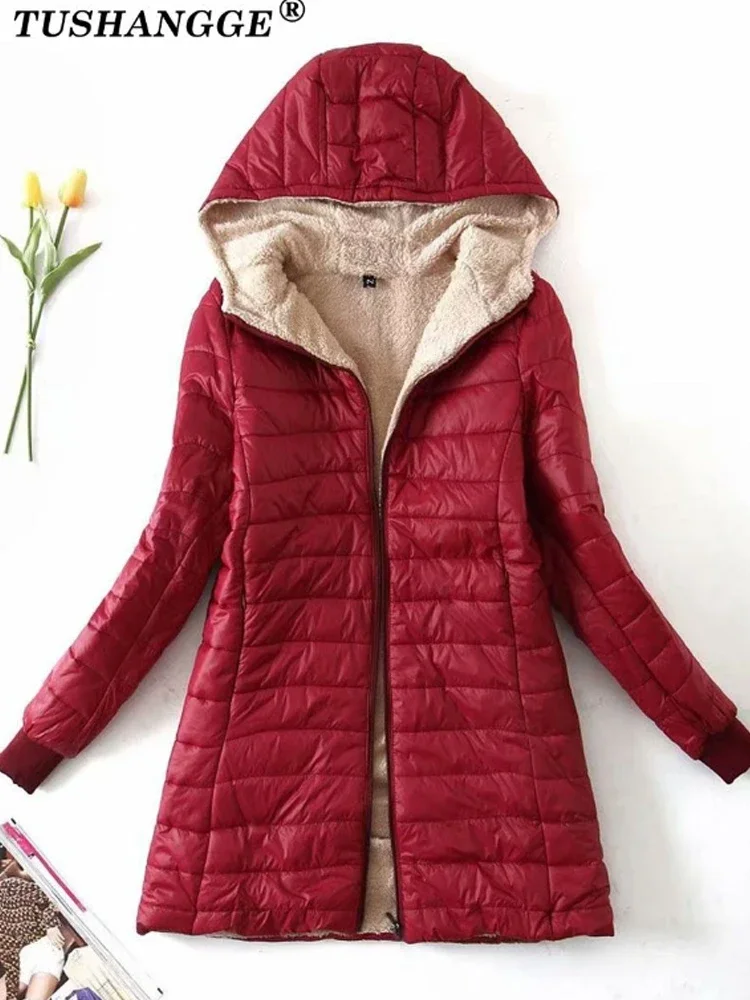 Neue Oversize Mittlere Länge Mit Kapuze Fit Frauen Plus Größe Parkas Herbst Winter Mid-länge Büro Baumwolle Mäntel Warme Lamm Fleece jacken