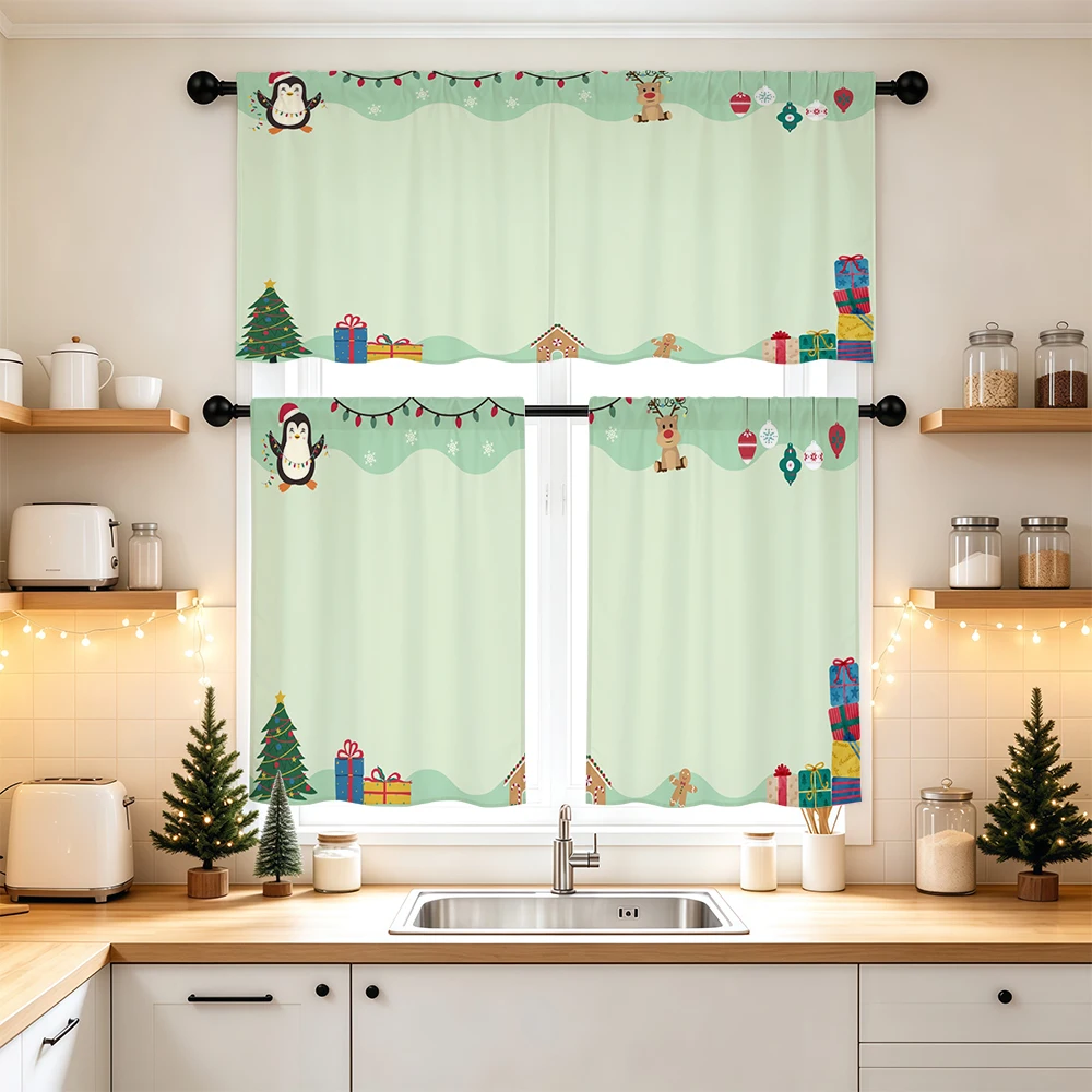 Christmas Kitchen Curtains, Penguin Fawn Christmas Tree, Digital Print, Kitchen Dining Room, Rod Pocket Polyester, Home Decor