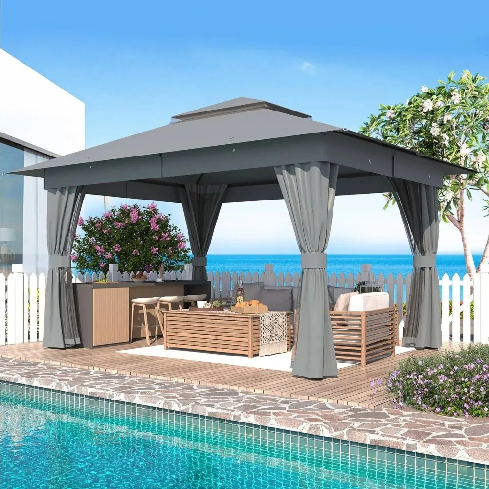 

10 'x13' canopy gazebo, heavy duty party pavilion, double roof, outdoor gazebo, terrace, lawn and backyard curtains and netting