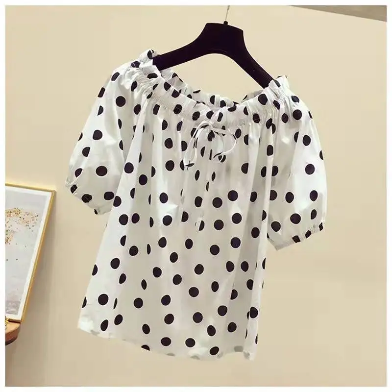 Sweet Slash Neck Lace Up Bow Folds Polka Dot Blouse Women\'s Clothing 2023 Spring New Casual Pullovers Chiffon Office Lady Shirt