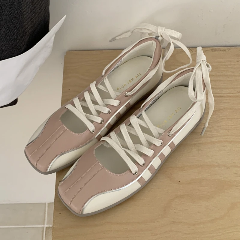 ファッションスクエアトゥレースアップレトロカジュアルシューズ女性エレガントバレエフラットコンフォート軽量スニーカーメリージェーンシューズ女性のための