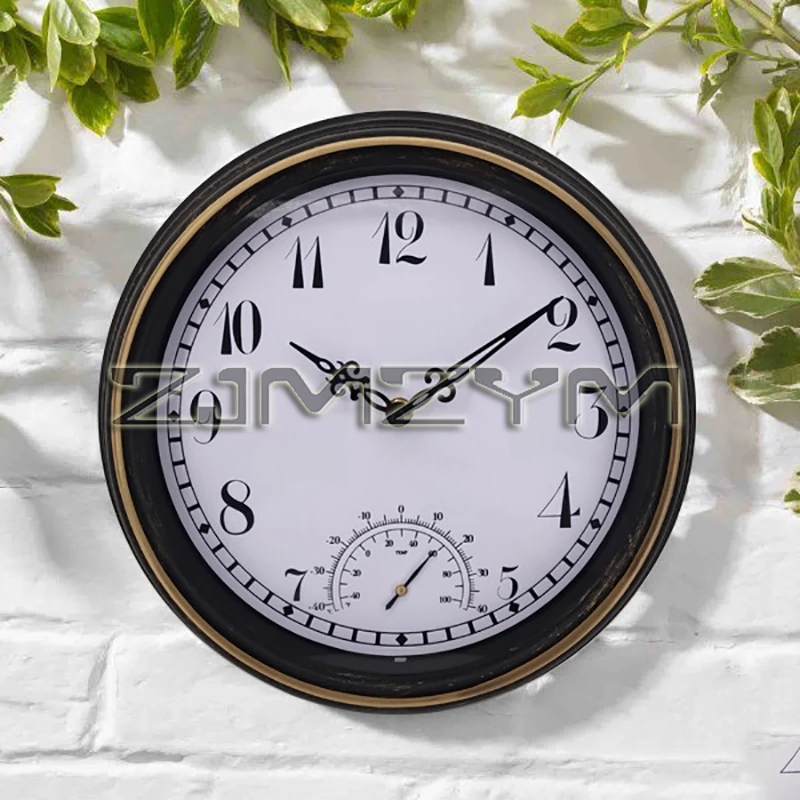 12Inch Wall Clock Waterproof with Thermometer Retro Wall Clocks Battery Operated for Patio Pool Garden Home