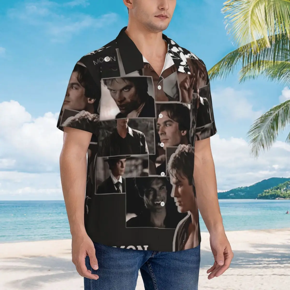 

The Vampire Diaries Damon Salvatore Hawaiian Shirts Fashion Men Short Sleeve Shirt for Summer Beach Men's Button Tops