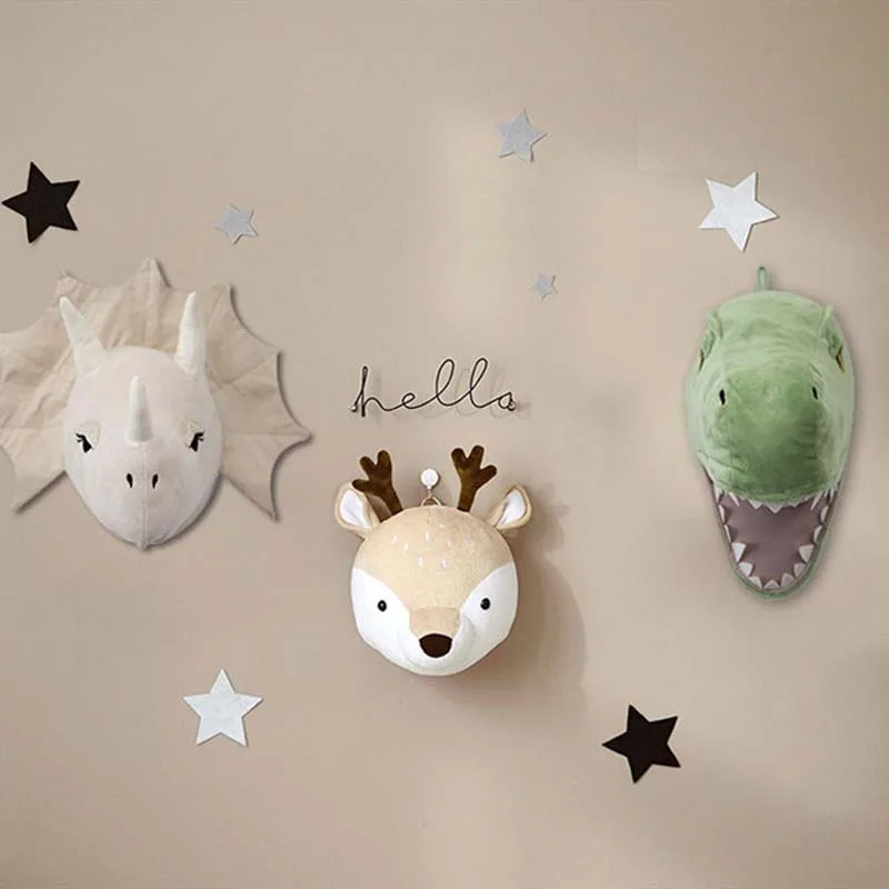 INS Nordic Animal Head Dinosaur Wall Decor Elephant Deer Hanging Mount Stuffed Animal Plush Toy Princess Doll Nursery Room