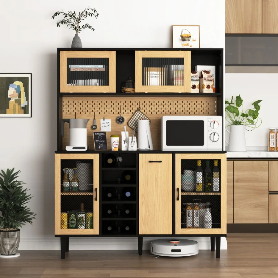 

59 H Buffet Sideboard Cabinet with Storage Door Power Outlet Farmhouse Coffee Bar Cabinet with Wine Rack Kitchen Pantry Living